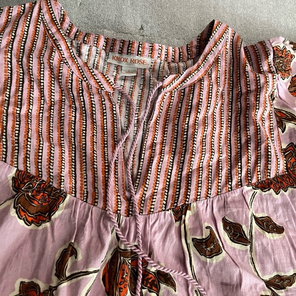[L] Knox Rose Pink Floral Striped Short Sleeve Boho Peasant Shift Dress - Picture 5 of 9